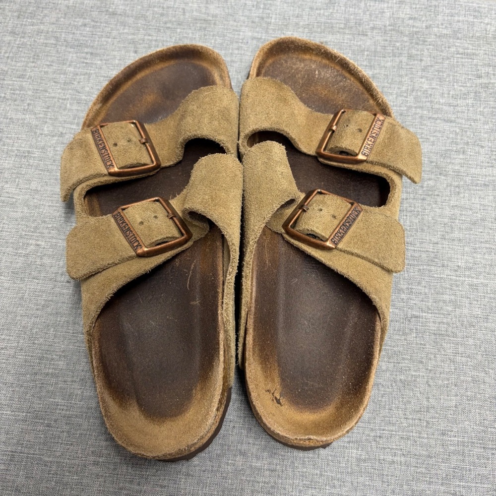 Birkenstock Arizona Sandals Women 7 Brown Suede Two Strap Cork Slide Footbed - Picture 6 of 11